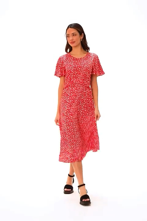 Ditsy Print Frill Waist Midi Dress in Red - Roman Originals UK