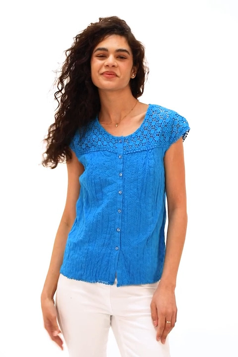 Lace Yoke and Sleeve Crinkle Blouse in Turquoise - Roman Originals UK