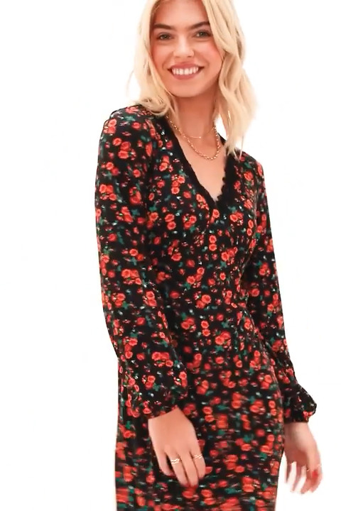 Red Lace Trim Ditsy Floral Dress | Roman UK