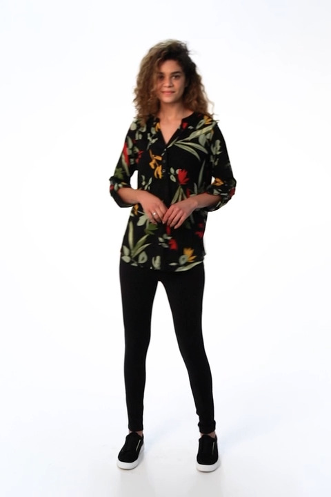 Black Floral Print Notch Neck Top