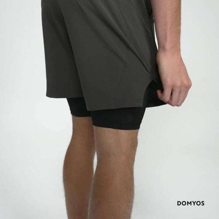 Men Gym Shorts with Compression Tights, Quick Dry and Zippered Pocket - Khaki - Video 2