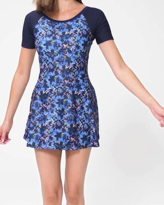 Women's Short Sleeve Skirt Swimsuit Una Mini Quick-Dry & Stretchable Dark Blue - Video 2
