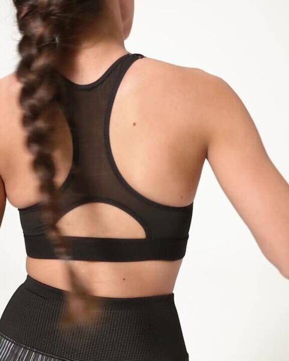 Women's Medium Support Racer Back Sports Bra with Cups - Black/Grey Print - Video 2