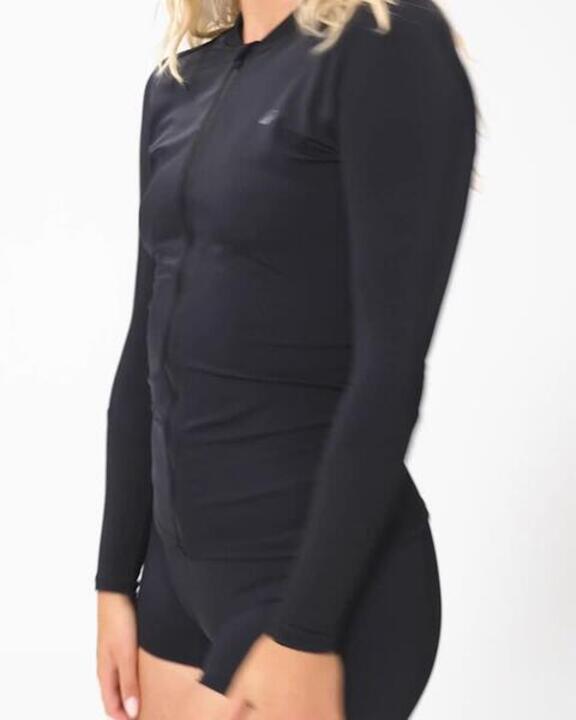 Women Beachwear Full Zip UV Protection UPF50+ Surfing Rashguard T-shirt Black - Video 2