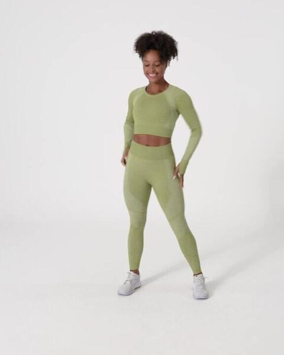 Women Gym Leggings Seamless High Waist with Phone Pocket - Green - Video 2