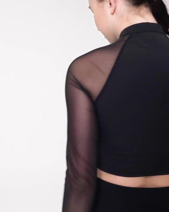 Women's Modern Dance Long-Sleeved Crop Top with Sport Bra - Black - Video 2