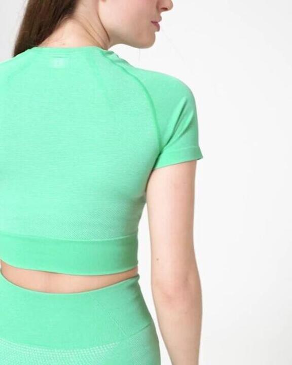 Women Gym Crop T-Shirt Seamless Short-Sleeved - Green - Video 2