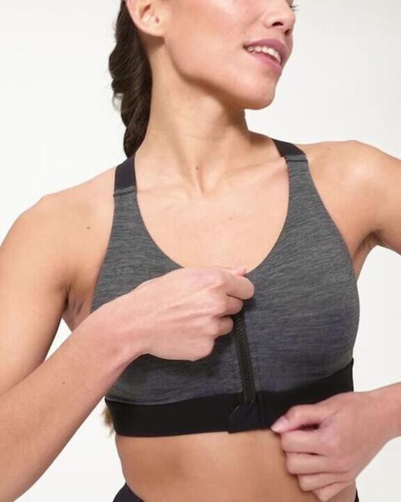 Women Sports Bra, Padded with Zip Detailing, High Support - Black/Grey - Video 2