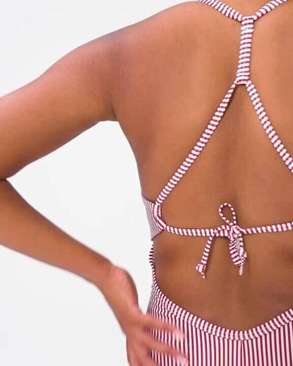 Women’s surfing striped 1-piece swimsuit - Bea red and white - Video 2