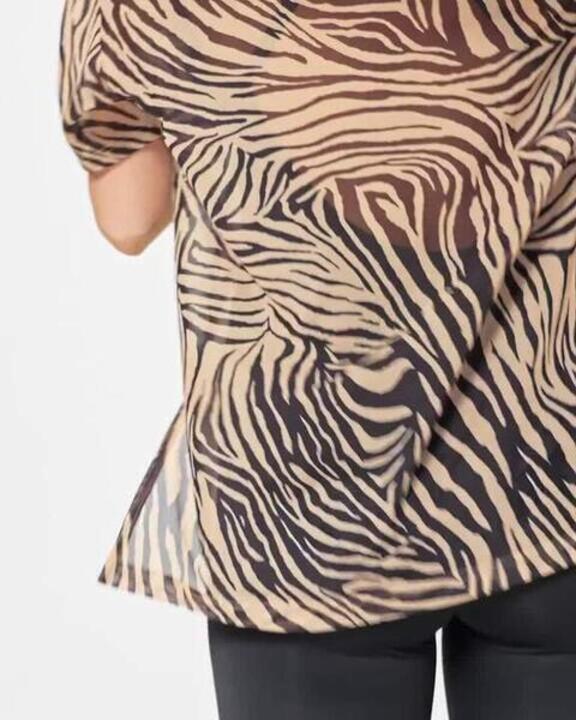Women's Loose Fitness Mesh T-Shirt - Beige/Black Print - Video 2