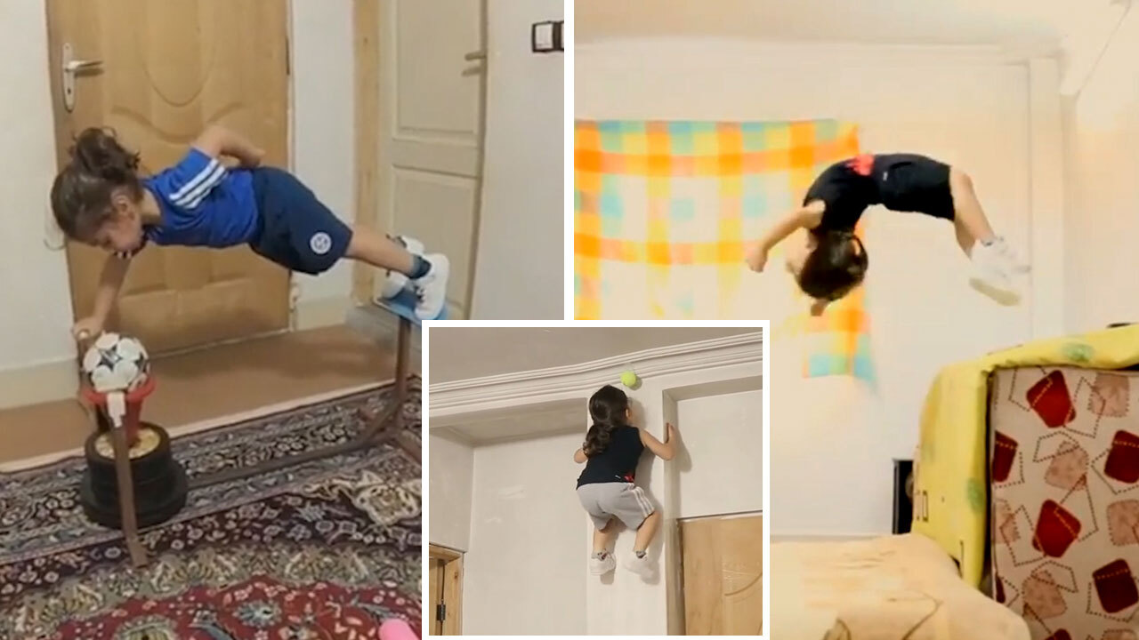Gymnastics boy wonder, 3, filmed climbing up a 10ft wall with ease