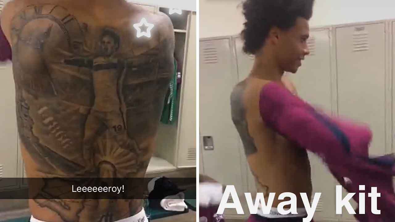 No one can believe Leroy Sanes back tattoo of him celebrating a goal in a  Manchester City shirt is real  Mirror Online
