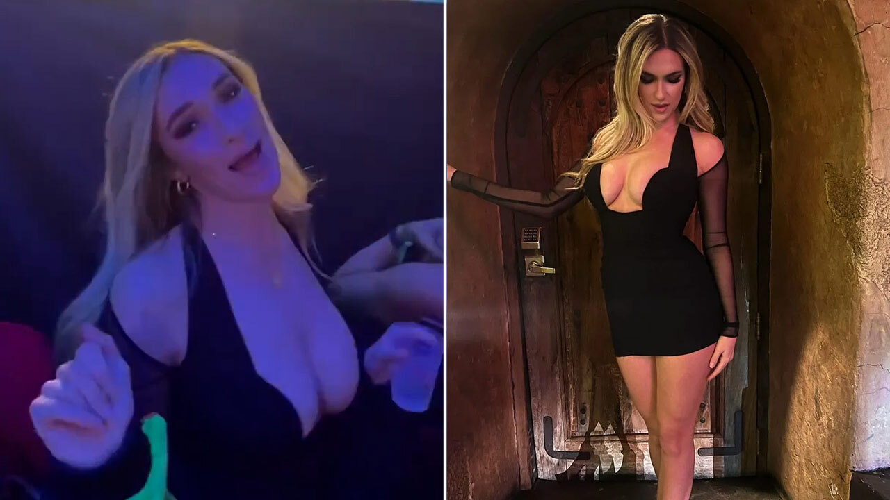 Paige Spiranac leaves navy top 'holding on for dear life' as she