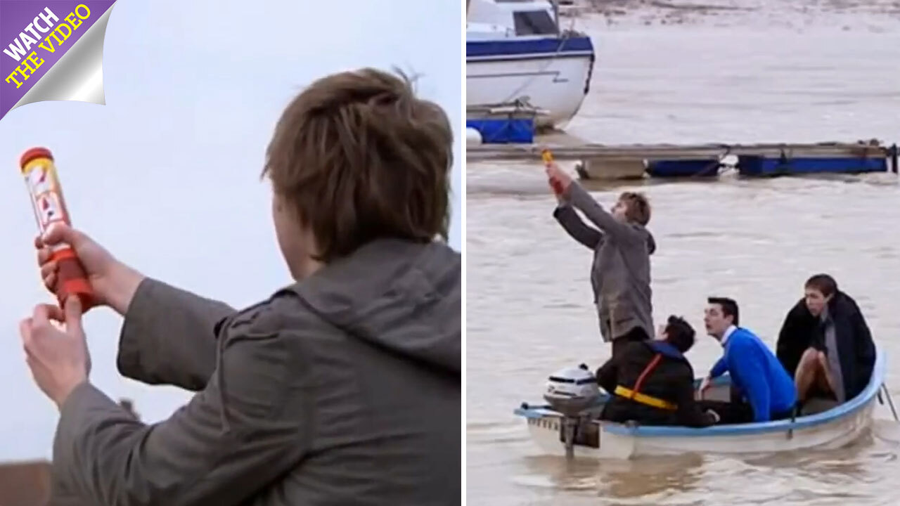 Clip from The Inbetweeners where James Buckley nearly died after almost  setting a flare off in his face