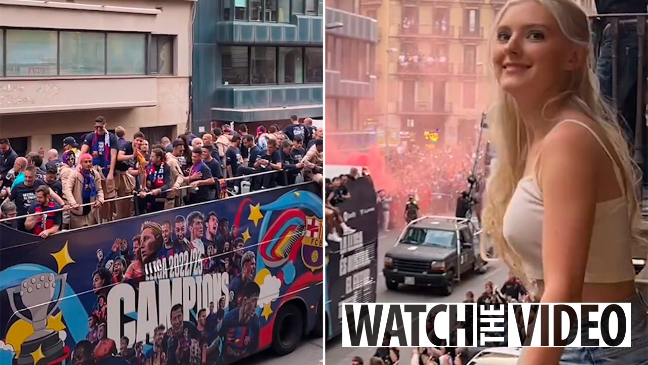 Porn star Eva Elfie gives Barcelona stars an eyeful as she jumps up and  down braless from balcony during title parade | The US Sun
