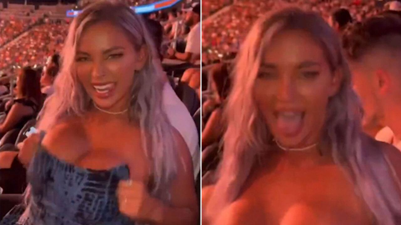 Shock moment OnlyFans model repeatedly flashes boobs in crowd at UFC before  she is kicked out by security