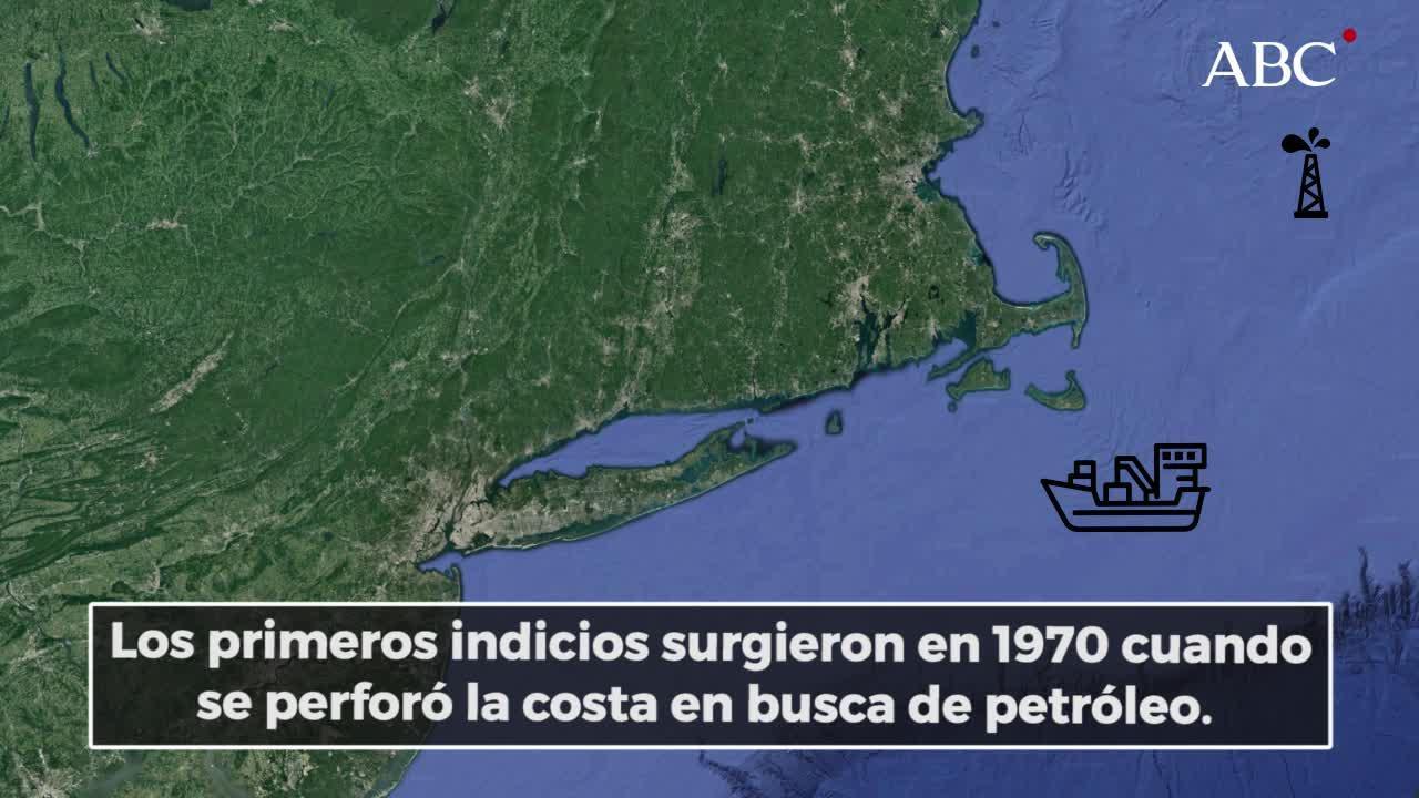El acuífero al noreste de EE. UU. (área sombreada). Las líneas continuas de color amarillo o blanco con triángulos muestran las pistas del barco. La línea blanca punteada cerca de la orilla muestra el borde de la capa de hielo glacial que se derritió hace unos 15.000 años. Más lejos, de color azul oscuro, la plataforma continental cae en el abismo del Atlántico