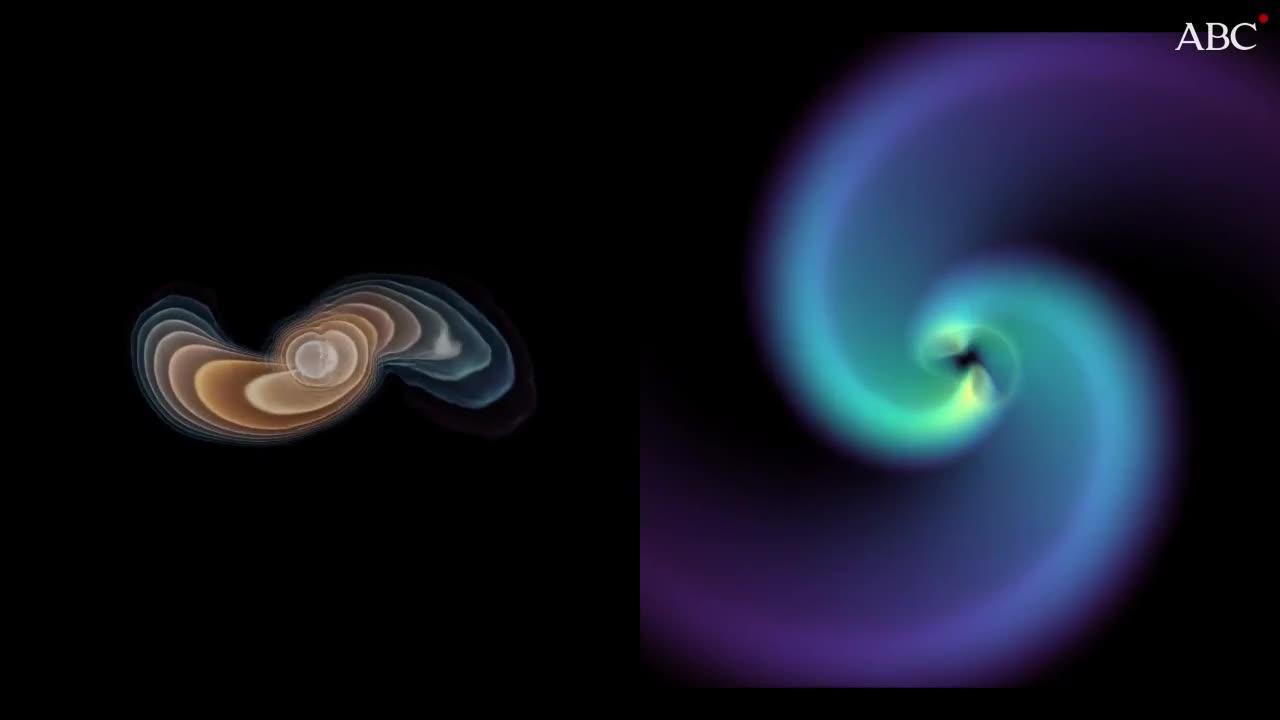 Representación de la fusión de estrellas de neutrones observada