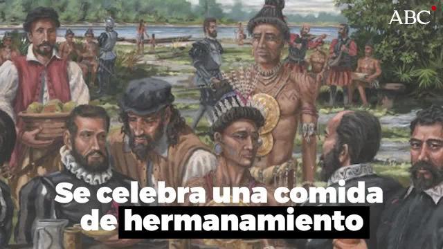Los conquistadores oran antes de la entrada a Tenochtitlan