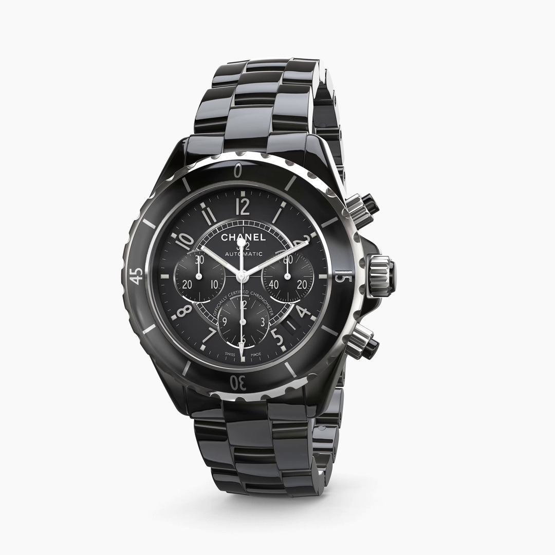 J12 Chronograph Watch, 41 mm - Black ceramic | CHANEL
