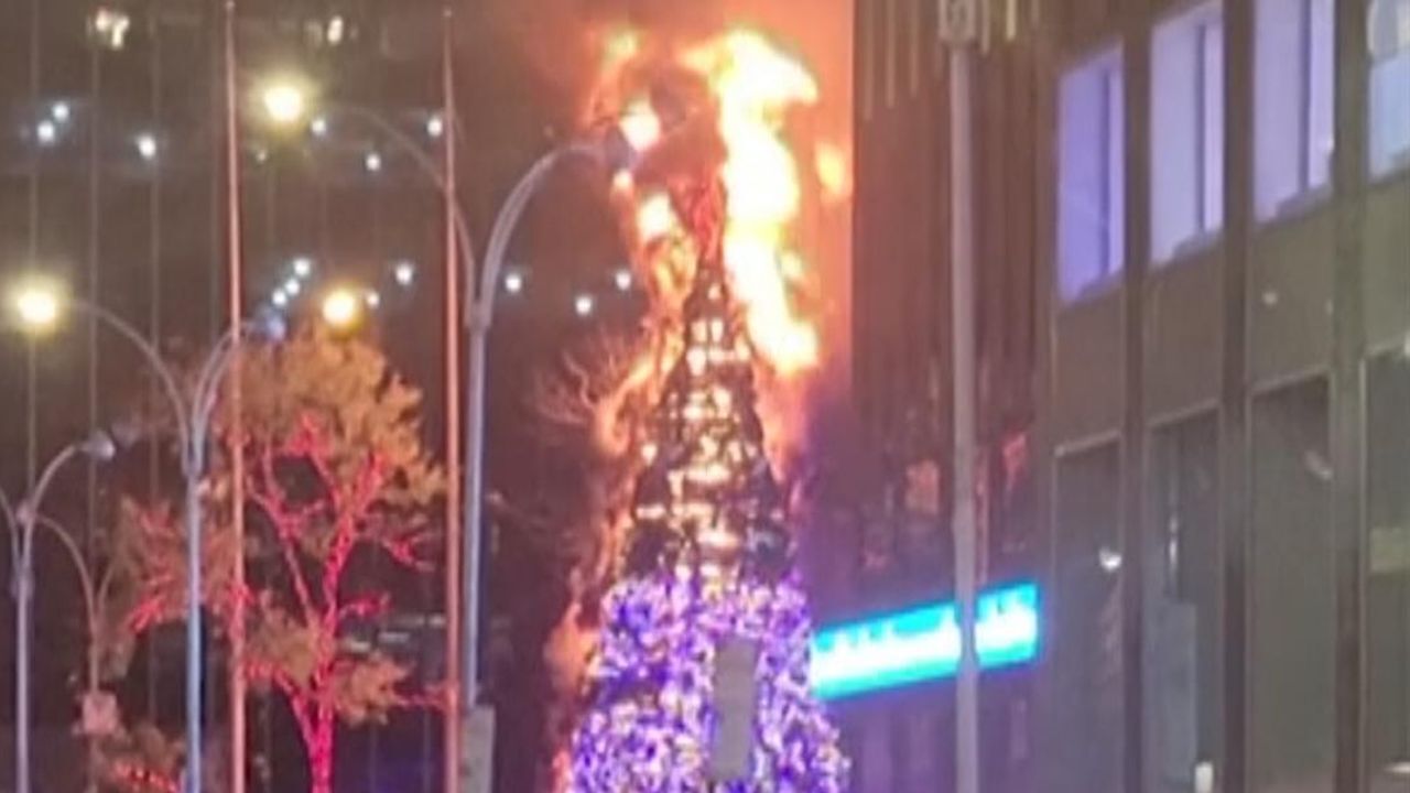 PHOTOS: 96-foot-tall Christmas tree goes up in flames outside hotel