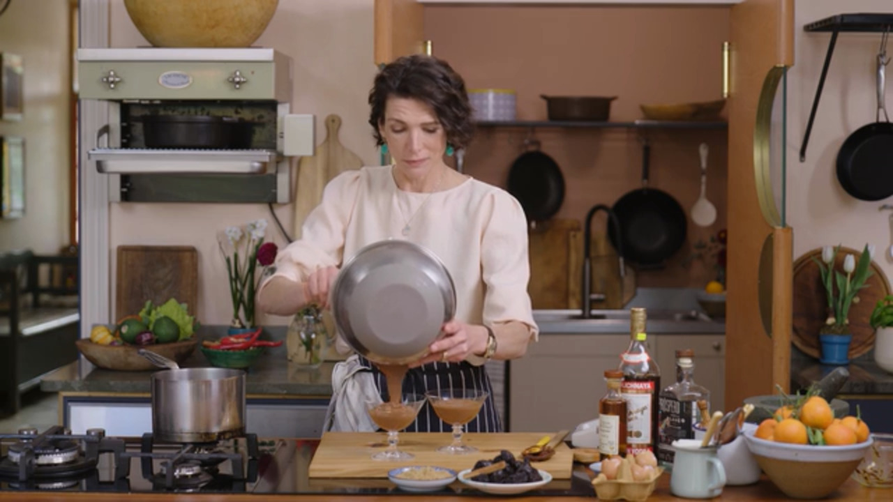 Chocolate and tequila mousse pots with armagnac prunes