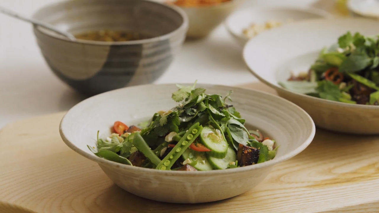 Quick cucumber and tofu noodles with cashews, grapefruit nam jim and herbs