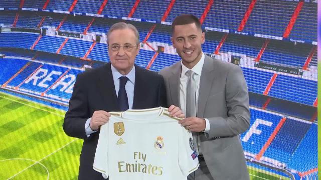 Hazard posa junto a Florentino con la camiseta del Real Madrid