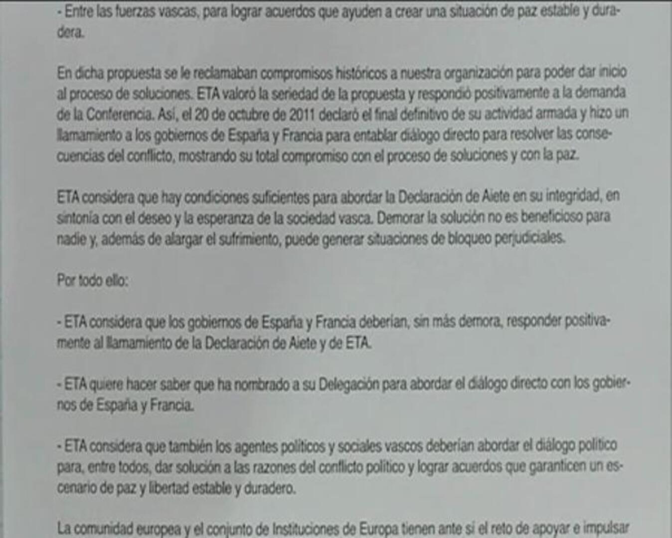 ETA designa una delegación para iniciar un diálogo directo con España y Francia