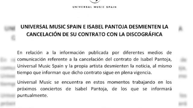 Isabel Pantoja y Universal Music desmienten ruptura