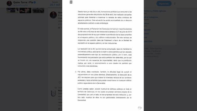 Torra mantiene el lazo amarillo en la Generalitat