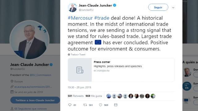 Dirigentes tildan de &quot;histórico&quot; el acuerdo UE-MERCOSUR