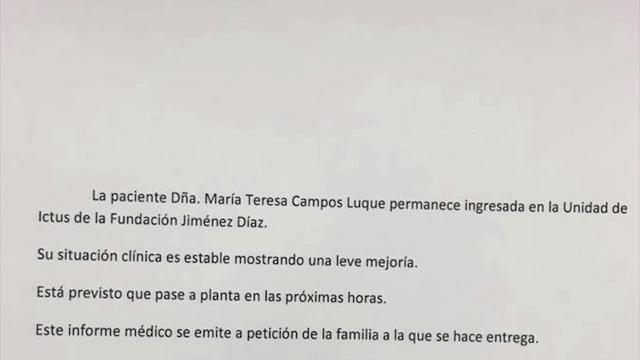 María Teresa Campos experimenta una «leve mejoría» y está previsto su traslado a planta