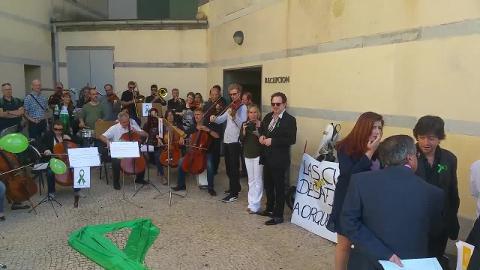Los músicos de la ROSS protestan tocando antes del consejo de administración del teatro de la Maestranza